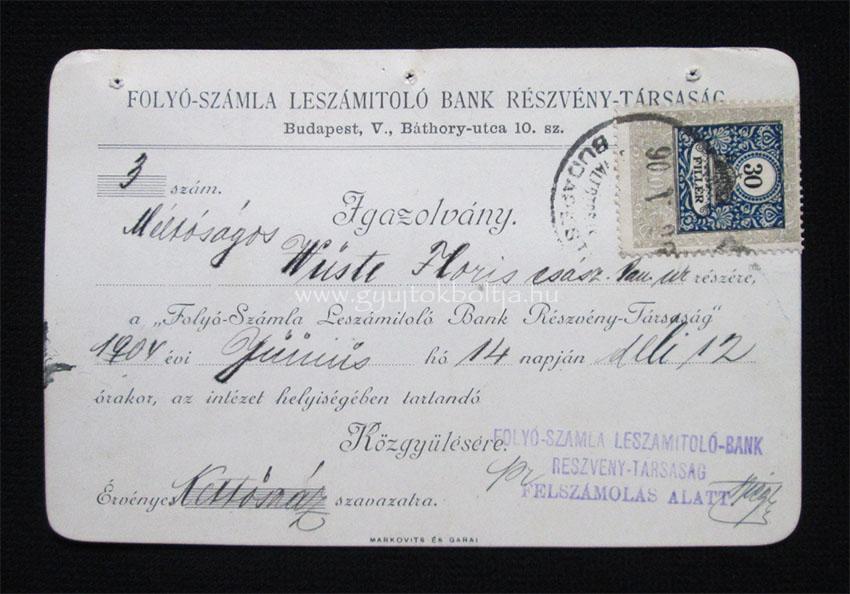 Folyó-Számla Leszámitoló Bank Rt. közgyûlés igazolvány 1904